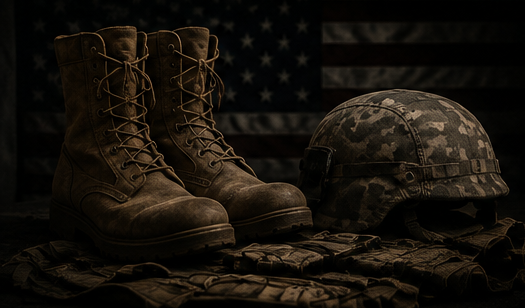 Military combat boots and helmet